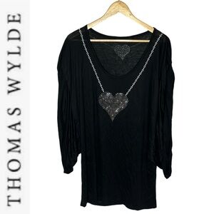 Thomas Wylde Black Rhinestone Heart Oversized Tunic Tee